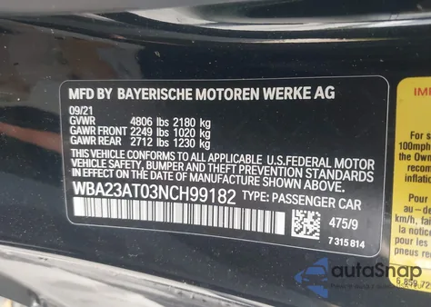 2022 BMW 430I из США, поврежденный, VIN WBA23AT03NCH99182